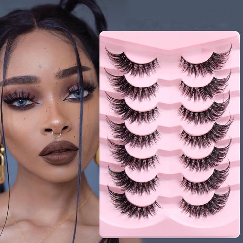 E EMZHOLE Eyelashes Mink Lashes Natural Look Wispy Cat Eye Lashes Fluffy Pack Handmade 3D Strip Short Volume Fake Eyelashes 7 Pairs Fox Eye (01)