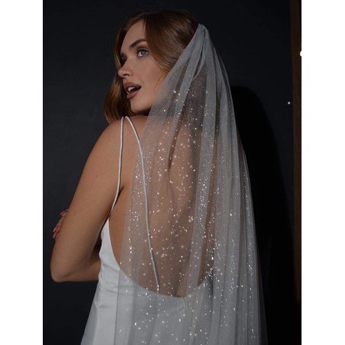 Unsutuo 1 Tier Glitter Bride Wedding Veil Fingertip Bachelorette Party Veil Sparking Bridal Veil for Women and Girls (White)