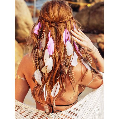 GENBREE Boho Feather Headbands Gypsy Headpiece Bohemian Hippie Headband Indian Hair Band Long Feather Hair Accessories for Women and Girls