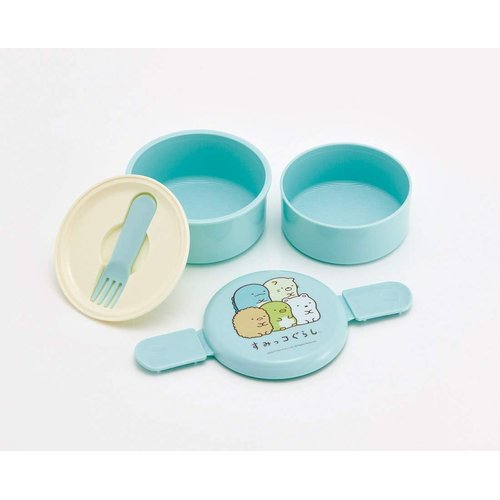 Skater Sumikkogurashi 2 Tier Round Bento Lunch Box with Folk (17oz) - Authentic Japanese Design - Microwave Safe - Blue