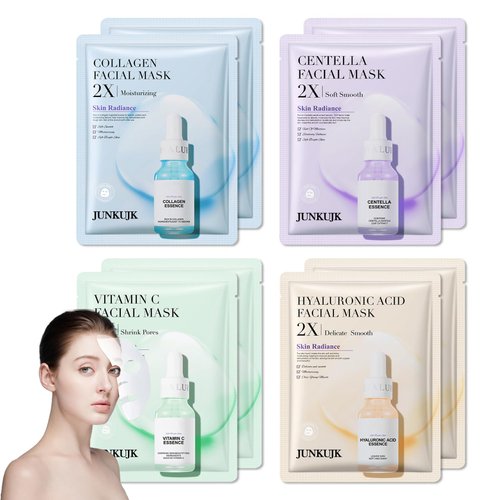JunKuJK 8 Pack Collagen Face Sheets Mask,Hydrating Face Masks Skincare,Moisturizing Facial Masks for Women and Men,Overnight Face Mask Skin Care for All Skin Types