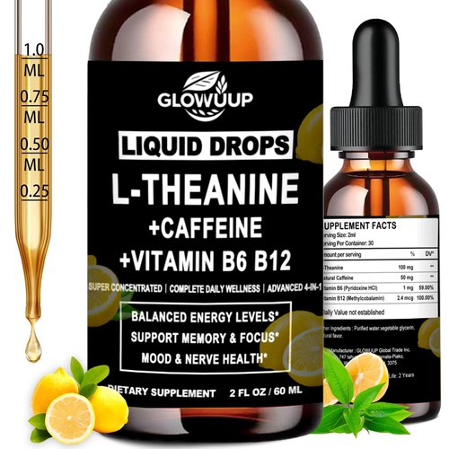 L Theanine Caffeine Liquid Drops for Women & Men, Energy Caffeine w. L-Theanine 100mg Vitamin B12 B6, High Potency Nootropic Brain Supplement for Focus, Calm, Cognitive Energy & Recess Mood