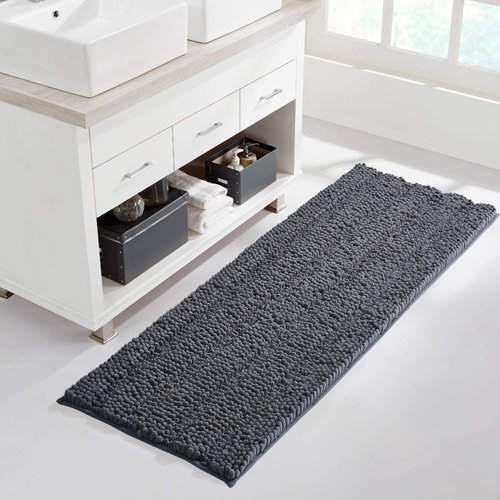NICETOWN Grey Bathroom Rug, Extra Thick Indoor Outdoor Durable Doormat for Front Door, Anti-Slip Soft Plush Chenille Shaggy Bath Living Room Bedroom Mat, Water Absorbent Floor Carpet (1 PC, 47 x 17)