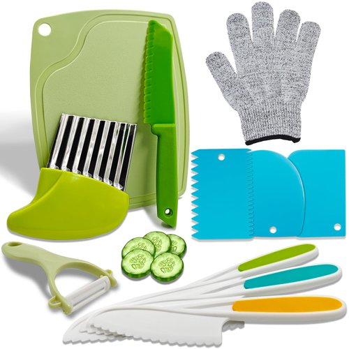 GzfunTeng 11 Pcs Montessori Kitchen Tools for Toddlers, Toddler Cooking Set Include Cutting Board, Crinkle Cutter, Peeler, Kids Knife Set for Real Cooking & Cutting Fruit, Bread, Lettuce, Cake