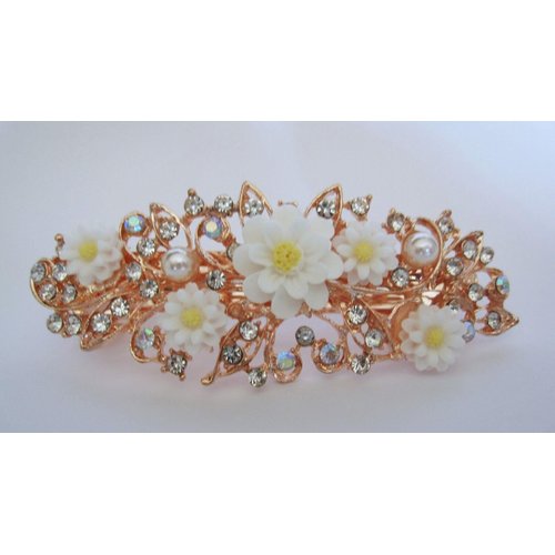 Generic Rose gold white flower crystal pearl hair clip bridal clip barrette