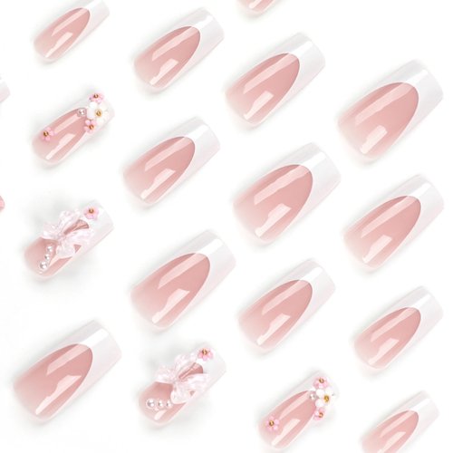 COCDLAN Press on Nails Medium Long Rhinestone Pink Fake Nails Square Bling Glossy 3D Flower False Nails Reusable Nail Kit for Women 24Pcs