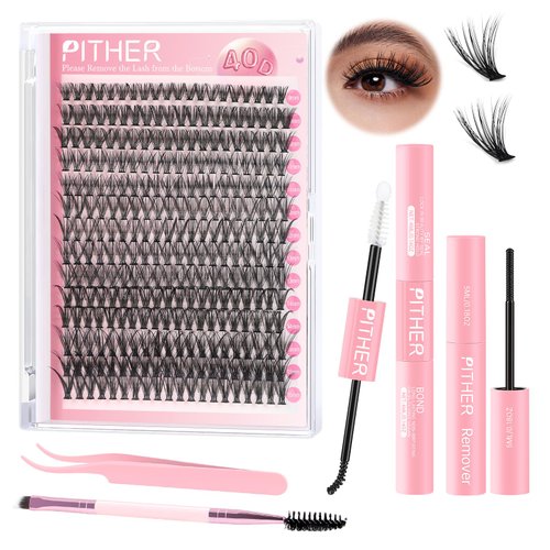 PITHER Eyelash Extension Kit 40D 280PCS, Mix 9-16mm Waterproof Lash Clusters Kit with Lash Applicator Bond and Seal Lash Glue for Beginners DIY Lash Extensions at Home