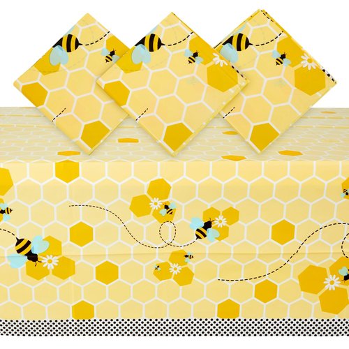 BLUE PANDA 3 Pack Bee Tablecloth for Kids Birthday Party - Baby Shower - Bumble Bee Gender Reveal Decorations, (54 x 108 in) - Bee Party Table Cloth - Bee Baby Shower Tablecloth - Bee Table Cover