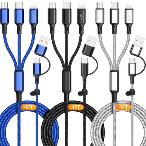 YaCeSyn 3Pack Multi 6 in 1 Fast Charging Cable 4FT/1.2M Quick Charge Cord Nylon Braided USB A/C to Type C+Micro USB+i-Product Connector Sync Adapter for Phone/Android/Tablets