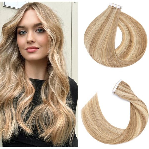 Tape in Hair Extensions Real Human Hair 20pcs 40g 100% Remy Hair Extensions of Balayage Golden Brown Highlighted Bleach Blonde Seamless Straight Tape in Hair Extension Double Sided of 14 inch