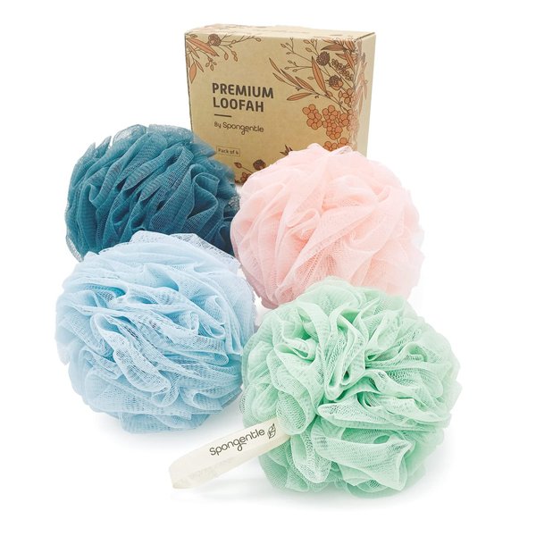 Spongentle Dual Texture Deep Cleansing Loofah Sponge for Radiant Skin, Pack of 4, Bath and Shower, Exfoliating Body Scrubber, Beautiful Colors for Women and Men