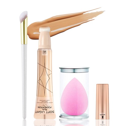 Air Cushion Foundation Beauty Wand Kit, Long-lasting Waterproof Matte Concealer Foundation Cream,Cover Face Pores Spots Silky Breathable Foundation Stick,Christmas Makeup Gift Set for Women-04 Wheat
