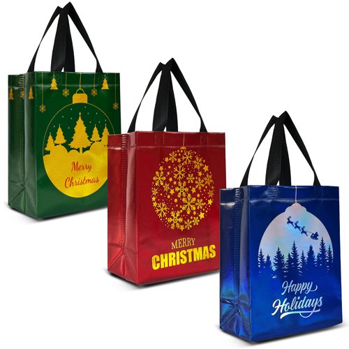 Nush Nush Reusable Christmas Gift Bags Medium Size – 12 Premium Christmas Bags With Handles & Holographic Finish - Xmas, Thanksgiving, Holiday Gift Bags In Bulk, Party Favor Bags - 8"W x 4"D x 10"H