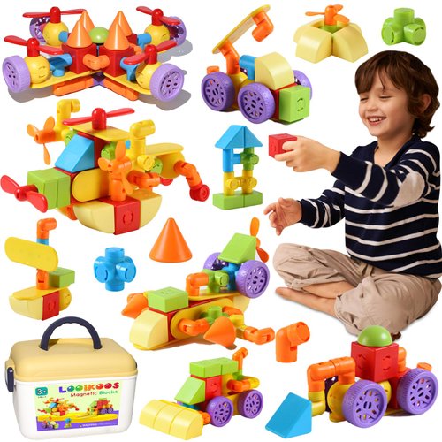 LOOIKOOS Magnetic Blocks,Magnetic Building Tiles for Kids 3-5 4-6,Montessori Toys for 3 4 5 6 Year Old Boy,Preschool STEM Educational Sensory Magnet Vehicle Toys for Ages 3-5 4-6 Year Old Boys