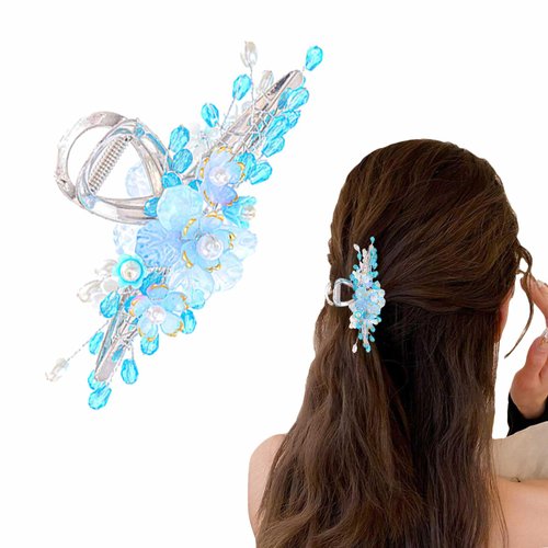 Wosois Hair Claw Clip Silver Metal Hair Clips Flower Handmade Pearl Barrette Clamps for Thick Thin Hair Blue Flowers Accessories Gift for Women Girls