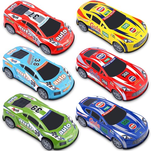 DERTE 6 Pack 7 Inch Friction Power Toy Cars Push and Go Cars Race Cars Vehicles Toys Party Favors for Kids Toddlers Ages 3-12 Birthday Party Preschool Gifts