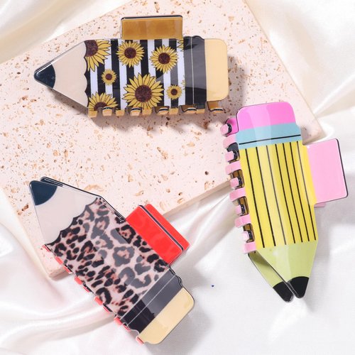 HIFANMM 3pcs Pencil Hair Claw Clips for Women Back to School Hair Accessories Sunflower Leopard Stripe Pen Hair Clips Students Teachers Non Slip Hairpins for Thick Thin Hair School Opens Season Decor