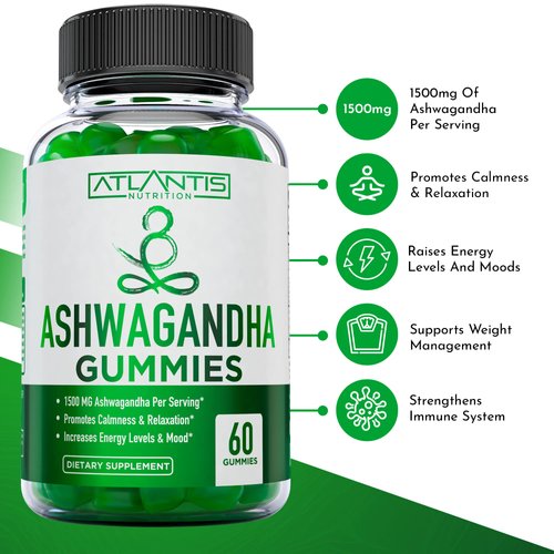 Ashwagandha Gummies - 1500MG Ashwagandha Per Serving - Promotes Calmness, Improves Mood, Boosts Energy Levels & Strengthens Immune System - Formulated with Vitamin D & Zinc - Vegan - 60 Gummies