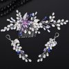 Teyglen Pearl Bride Wedding Hair Comb Purple Rhinestone Flower Hair Piece Silver Leaf Crystal Hair Side Comb Bridal Headpiece Hair Accessories for Women Girls