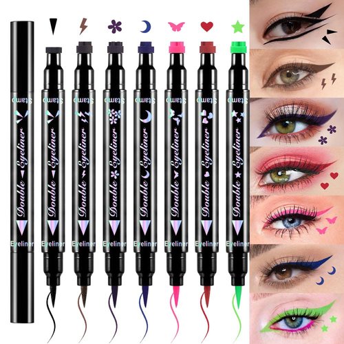 evpct 7Pcs Colored Winged Eyeliners Face Stamp Set, Black Brown Purple Blue Red Pink Green Stamps Eyeliner, Star Flowers Heart Moon Triangle Lightning Butterfly Colorful Eye Liners Stamp Makeup Kit 01
