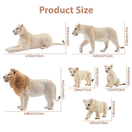Toymany 6PCS White Lion Figurines with Lion Cubs, 2-5" Jungle Animals Figures Realistic Family Set Includes Baby Lions, Educational Toy Cake Toppers Christmas Birthday Present for Kids