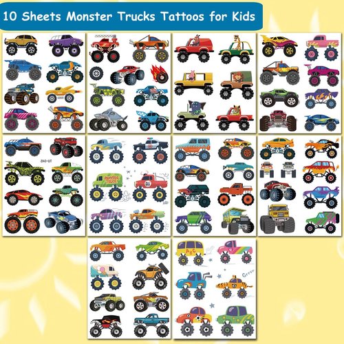 CHARLENT Monster Truck Temporary Tattoos for Kids Party Supplies - 10 Sheets Monster Truck Tattoos for Boys Birthday Party Favors Goodie Bag Fillers