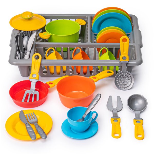 Play Dishes for Kids Kitchen | Pretend Play Kitchen Dishes Set with Drainer | Toy Dishes Kit | Pretend Dishes Cookware Set | Fun and Colorful | Childrens Durable Tableware Playset (33 Pcs)