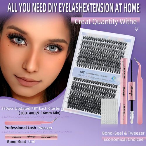 DIY Lash Extension Kit 280 Pcs Lash Clusters Kit Individual Lashes Natural 9-16mm D Curl with Bond Seal Tweezers Pearl Stickers False Eyelash for Beginner Eyelash Extensions at Home (30D+40D)