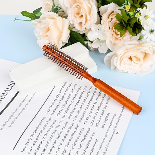 Mozeat Lens Small Round Hair Brush, Wooden Handle, Nylon Bristles, Travel Size, Adds Volume and Facilitates Styling and Curling of Short Hair, Unisex, Brown