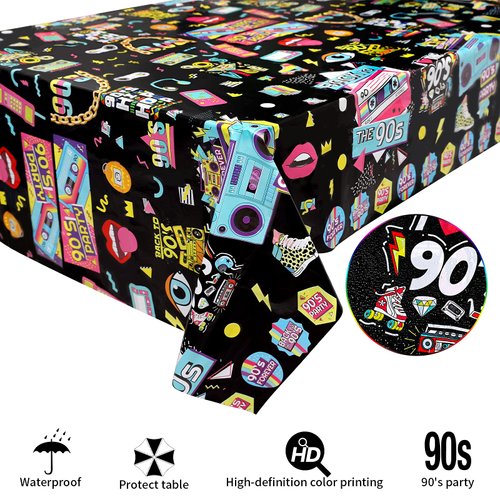 WOXIN 3 Pack 90’s Party Tablecloth, Back to 90s Hip Hop Party Birthday Table Cover for 1990s Theme Party Decorations Supplies