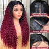 CURLCRAZY Long Curly Lace Front Wigs for Black Women Deep Wave HD Lace Frontal Wig Glueless Synthetic Lace Front Wig Pre-plucked with Baby Hair Dark Roots Hair(26" Ombre Red)
