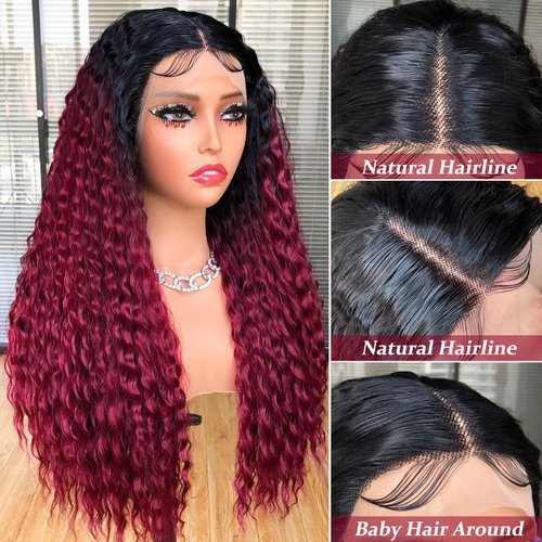 CURLCRAZY Long Curly Lace Front Wigs for Black Women Deep Wave HD Lace Frontal Wig Glueless Synthetic Lace Front Wig Pre-plucked with Baby Hair Dark Roots Hair(26" Ombre Red)