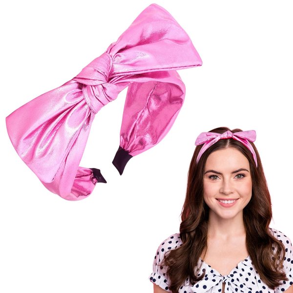 GAFATORY Glitter Bow Headbands for Women Fashion Metallic Pink Knotted Headbands for Womens Wide Glitter Hair Band for Girls Shiny Hair Accessories for Club Outfit