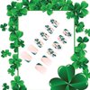 St. Patrick's Day Shamrock Press on Nails Short Square, Full Cover French Tip with Nail Glitter False Nails Irish Press on Artificial Coffin Glue on Nails Stick on Nails for Women and Girls 24Pcs