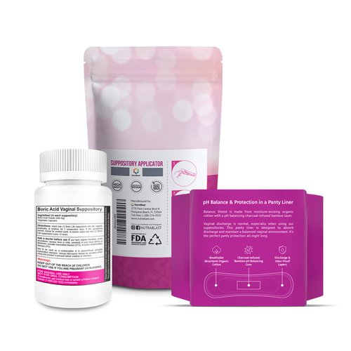 NutraBlast Boric Acid Vaginal Suppositories 600mg (30 Count) w/Disposable Vaginal Applicators (15-Pack) and Balance Shield Panty Liners (180mm, 20-Pack)