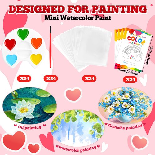 Moinchore 72 Pcs Valentines Day Gifts Includes 24 Valentine's Day Cards 24 Watercolor Paint 24 Seal Bags Funny Exchange Gifts Valentines Party Favors(Round)