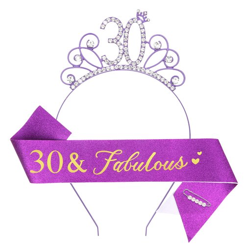 YARIEW 30th Birthday Decorations 30th Birthday Headband + 30 & Fabulous Birthday Sash + Pearl Pin Set, 30th Birthday Sash and Tiara for Women, Happy 30th Birthday Gifts for Women