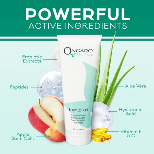 Ongaro Beauty Organic Body Lotion - Moisturizing Body Lotion with Aloe Vera, Probiotic Extracts, Hyaluronic Acid, Shea Butter and Vitamin E - Hydrating Body Lotion for All Skin Types, 8 fl oz