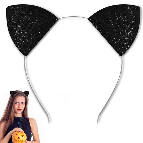 U-Goforst Black Cat Ears Headband Adult, Glitter Black Cat Costume for Women Girls, Halloween Cat Ears Fancy Dress Cat Woman Cosplay Accessories