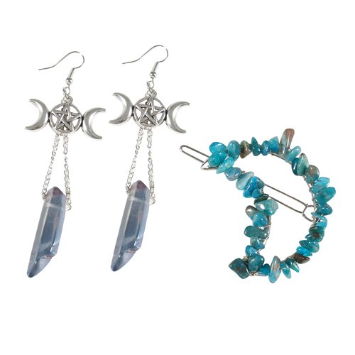 Soulnioi Natural Blue Crystal Crystal Gravel Moon Hairpin Clip and Natural Blue Crystal Hexagon Pillar Drop Earrings Triple Moon Earrings Healing Crystal, Jewelry Gift for Girl Women