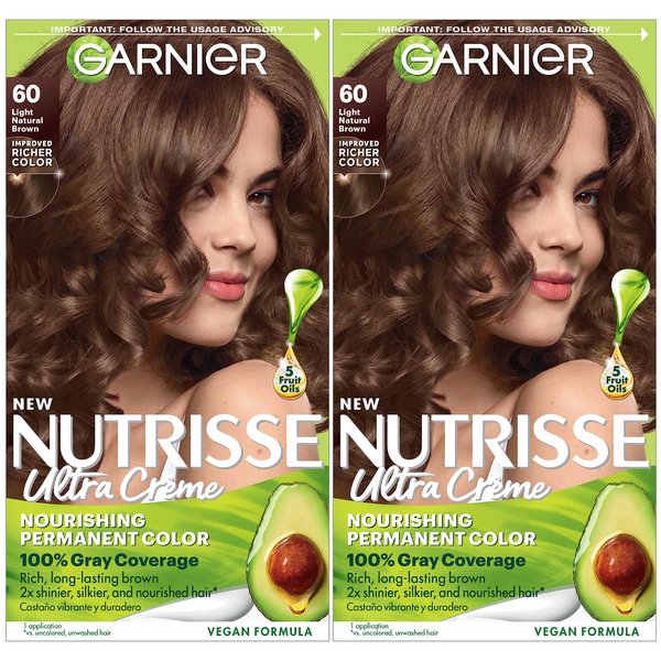 Garnier Hair Color Nutrisse Nourishing Creme, 60 Light Natural Brown (Acorn) Permanent Hair Dye, 2 Count (Packaging May Vary)