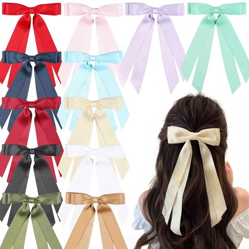 12 PCS Double Layer Hair Accessories - Silky Satin Ribbon Bow Clips with Long Tails for Women