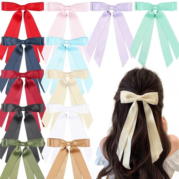 12 PCS Double Layer Hair Accessories - Silky Satin Ribbon Bow Clips with Long Tails for Women