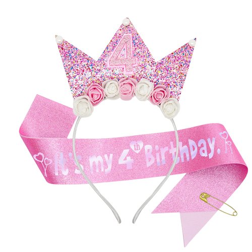 QIUJALE Birthday Girls Headband, Glitter Flower Birthday Crown Sash Set for 4 Year Old Girls Princess Birthday Party Decorations (4th, Headband)
