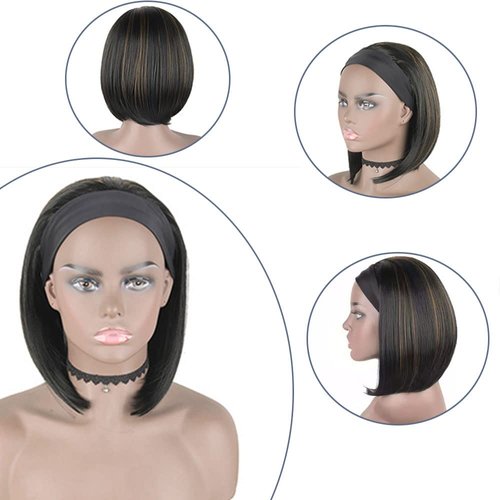 RUIP RUIBO Straight Bob Headband Wigs 10 Inch Black Mix Brown Short Bob Wigs for Black Women None Lace Half Wigs Natural Heat Resistant Synthetic Hair Headband Wigs for Cosplay Party Daily Use