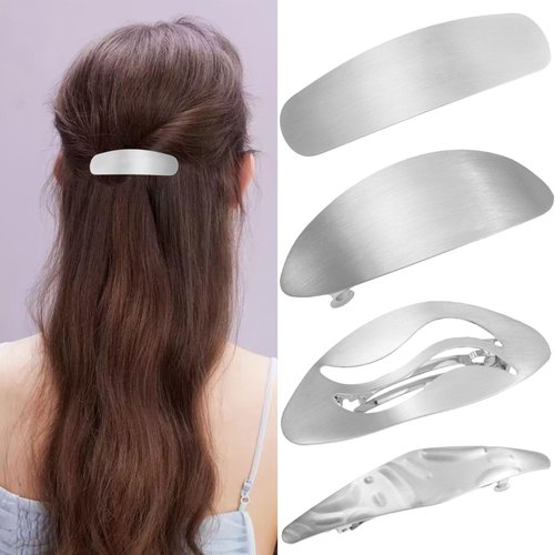 4PCS Metal Hair Barrettes, Gold Barrette for Thick Hair, Bow Barrette Clips for Long Hair, Bar Barrette Hair Clips for Thin Hair, Flat Barrettes for Fine Hair, French Clip Hair for Women(Silver,F)