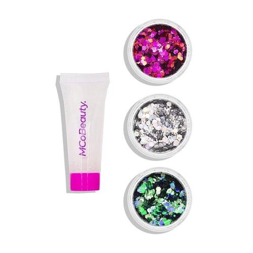 MCoBeauty Festival Ready Hair And Body Glitter Set - Effortless Glitter Enhances Beauty Look - Three Glitter Pots And A Gentle Adhesive Gloss - Creates The Perfect Base For Glitter Application - 4 Pc