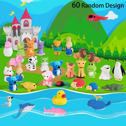 URSKYTOUS 60Pcs Animal Erasers Desk Pets for Kids Pencil Bulk Puzzle Erasers Toys Gifts for Classroom Prizes,Game Reward,Treasure Box,Easter Egg Fillers,Goodie Bag Stuffers,Party Favors