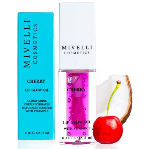 MIVELLI Lip Glow Oil Tinted Lip Oil Moisturizing, Hydrating, Non-Sticky Lip Stain, Gift, Plumping Lip Gloss for Dry Lips with Fruit Extract (Cherry Tinted with Stain)