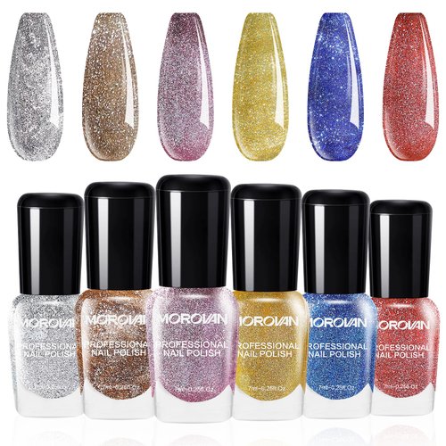 Morovan Nail Polish Set Fingernail: Galactic Glitter Gold Silver Red 6 Colors Shiny Collection Quick Dry Nail Polish Kit Regular Nail Polish Bulk 0.25oz Toenail Finger Nail Polish Gifts for Women